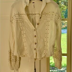 Free People Cream Buttoned Embellished Top